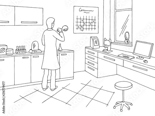 Laboratory graphic black white interior sketch illustration vector. Scientist mixing potions
