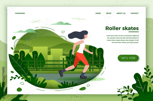 Vector illustration - sporty girl roller skating. City, park, trees and hills on green background. Banner, site, poster template with place for your text.