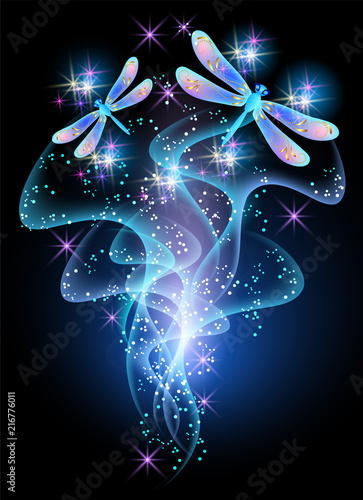 Neon dragonfly with golden ornament and shiny smoke