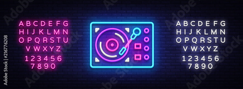 Gramophone neon signboard vector. Retro Music neon glowing symbol, Retro Style 70-80-90s Light Banner, neon icon, design element. Vector illustration. Editing text neon sign