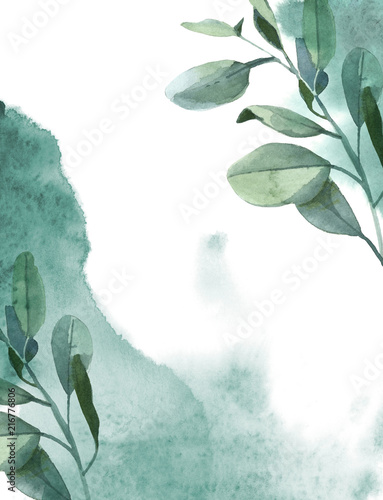 Valokuvatapetti Vertical background of green eucalyptus leaves and green paint splash on white b