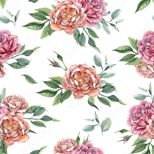 Seamless pattern of roses and green leaves for wedding and greeting cards isolate on white background in shabby chic style