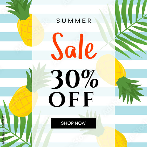 Summer sale Vector illustration. Summer sale with pineapple on blue stripe background.