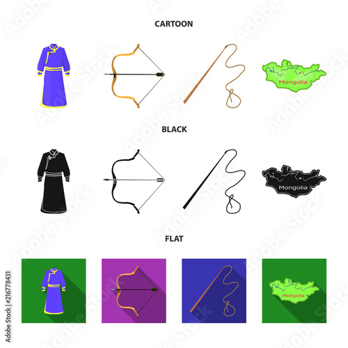 .mongol dressing gown, battle bow, theria on the map, Urga, Khlyst. Mongolia set collection icons in cartoon,black,flat style vector symbol stock illustration web.