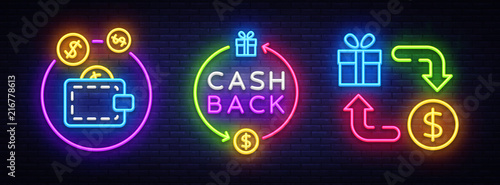 Cash Back Neon Symbols Collection Vector. Cash Back neon sign, design template, modern trend design, casino neon sign board, night bright advertising, light banner, light art. Vector illustration