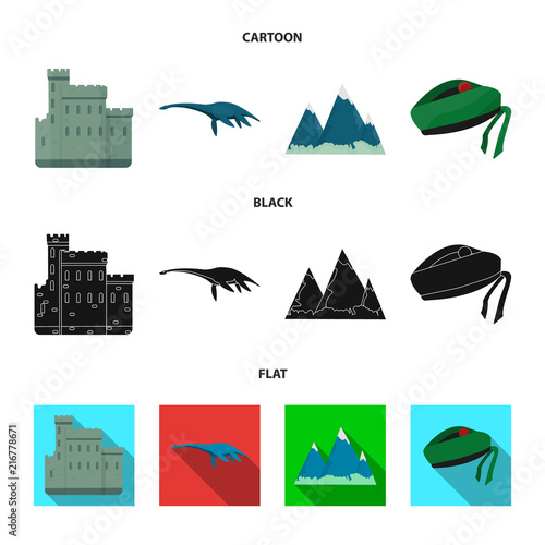 Edinburgh Castle, Loch Ness Monster, Grampian Mountains, national cap balmoral,tam shanter. Scotland set collection icons in cartoon,black,flat style vector symbol stock illustration web.