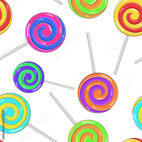 Swirl lollipops as seamless pattern. Colored background