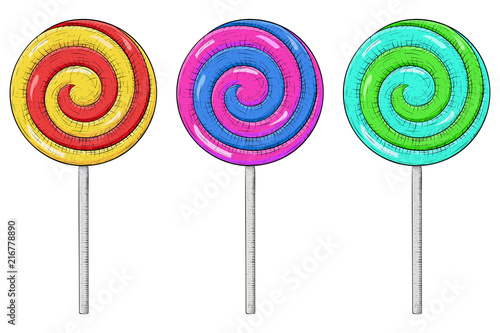 Colored swirl lollipops set. Sugar candy hand drawn sketch
