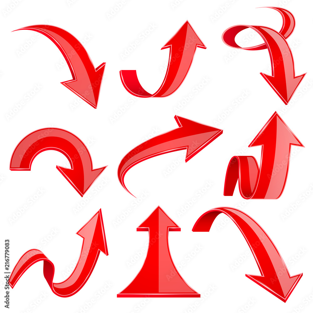 Red 3d arrows. Bent and curled up shiny icons Red 3d arrows. Bent and curled up shiny icons
