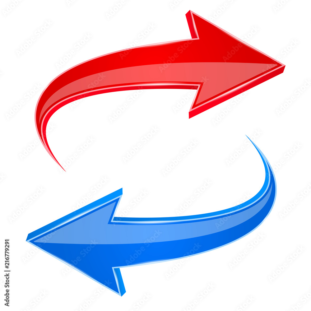 Red and blue arrows. Back and next 3d signs Red and blue arrows. Back and next 3d signs