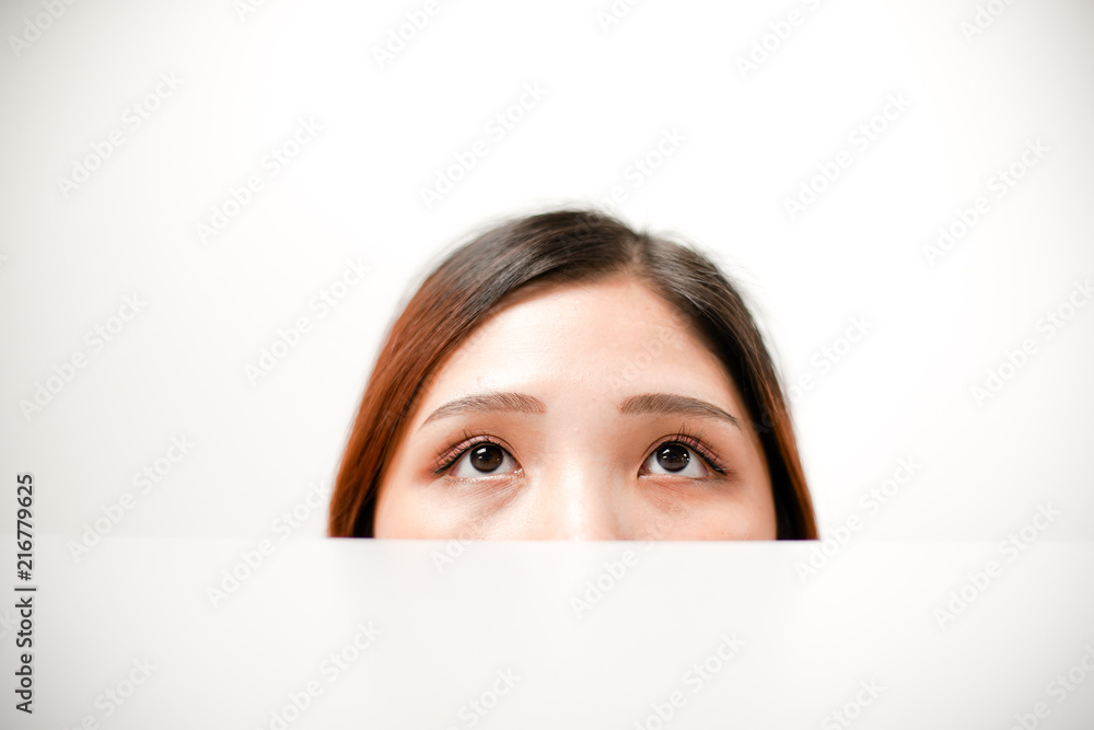 Haft head shot girl portrait with eyes looking above isolated on white background | Asian Vietnamese head shot women portrait thinking concept Haft head shot girl portrait with eyes looking above isolated on white background | Asian Vietnamese head shot women portrait thinking concept
