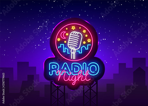 Radio Night Neon Logo Vector. Radio Night neon sign, design template, modern trend design, Radio neon signboard, night bright advertising, light banner, light art. Vector illustration. Billboard