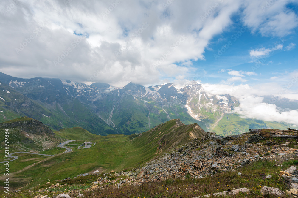 View from Edelweisspitze to different high peaks and the Grossglockner hight alpine road, Austria