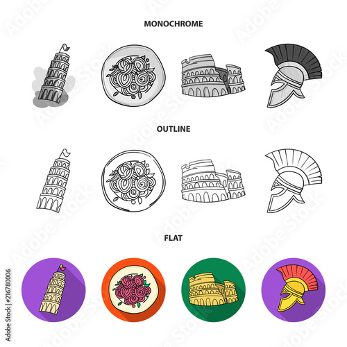 Pisa tower, pasta, coliseum, Legionnaire helmet.Italy country set collection icons in flat,outline,monochrome style vector symbol stock illustration web.