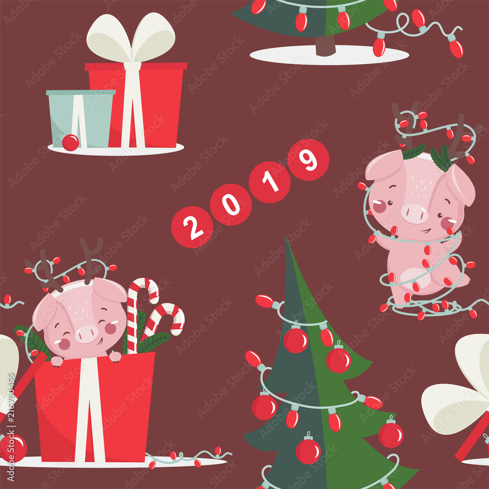 Happy new year seamless pattern with cute pig. Chinese symbol of the 2019 year. Design for print, poster, invitation, t-shirt. Vector illustration.
