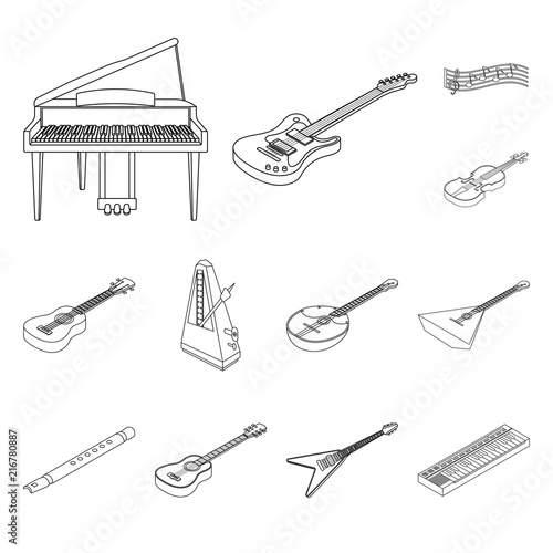 Musical instrument outline icons in set collection for design. String and Wind instrument isometric vector symbol stock web illustration.
