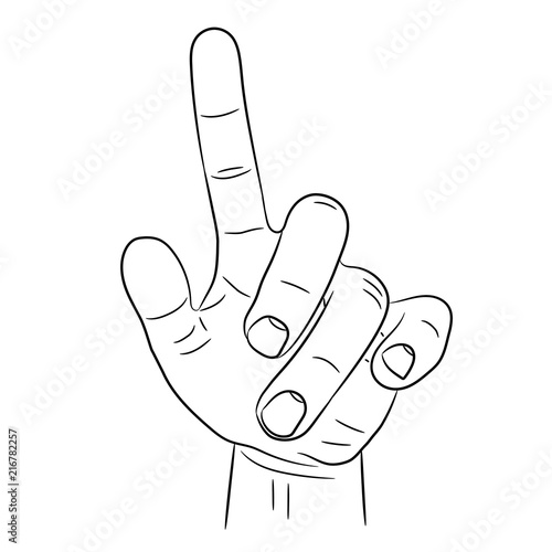 Hand with an outstretched index finger or pressing an invisible button made of black contour brush lines. Vector illustration.