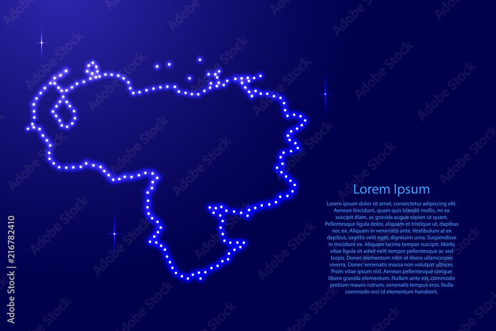 Venezuela map from luminous blue star space points on the contour for banner, poster, greeting card. Vector illustration.