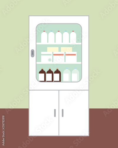 White cabinet for medicines intended for first aid with the door closed, with glasses, boxes and bottles on brown floor green wall on background
