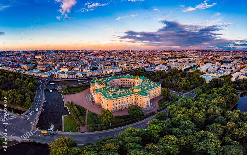 SAINT-PETERSBURG Russia: beautiful Top view of St. Petersburg from the air an Mikhailovsky castle (engineerin) and summer garden on a Sunny summer day.
