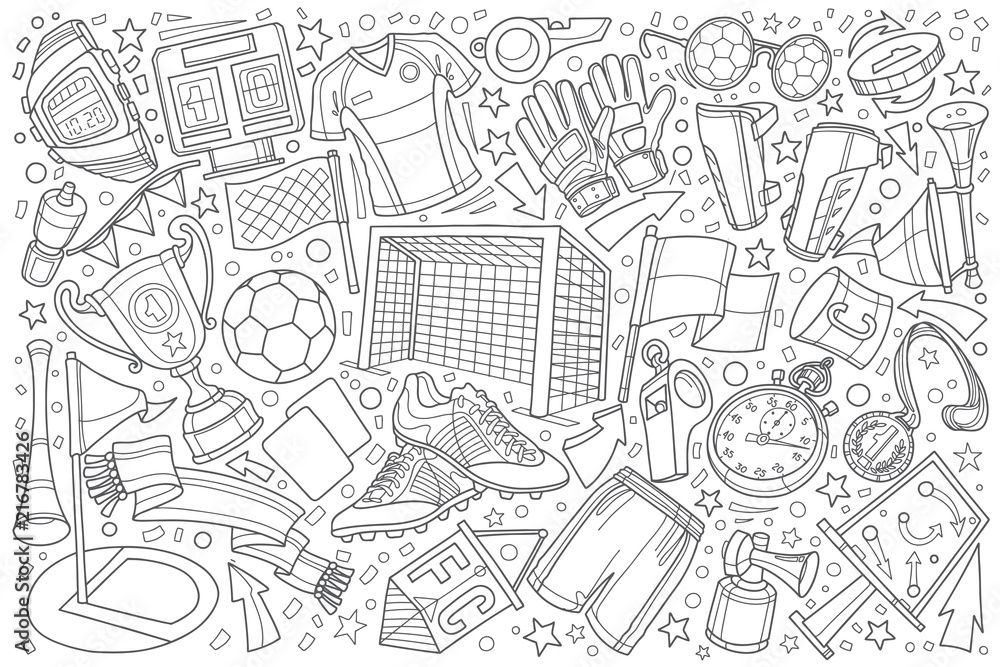 Football, soccer doodle set vector illustration background
