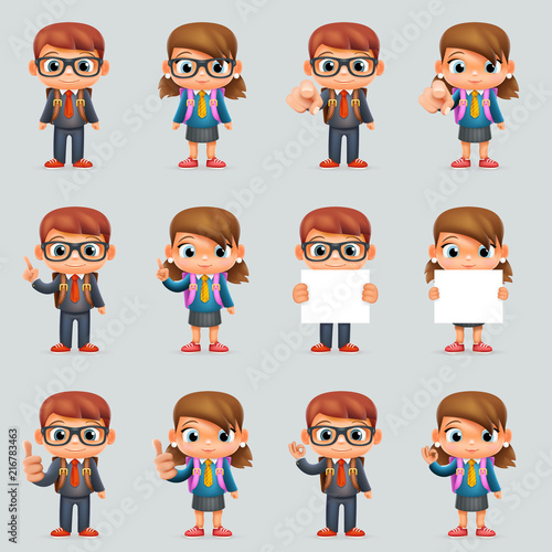 Schoolgirl schoolboy education excellent student genius school backpack clever pupil girl smart uniform suit 3d cartoon character vector illustration