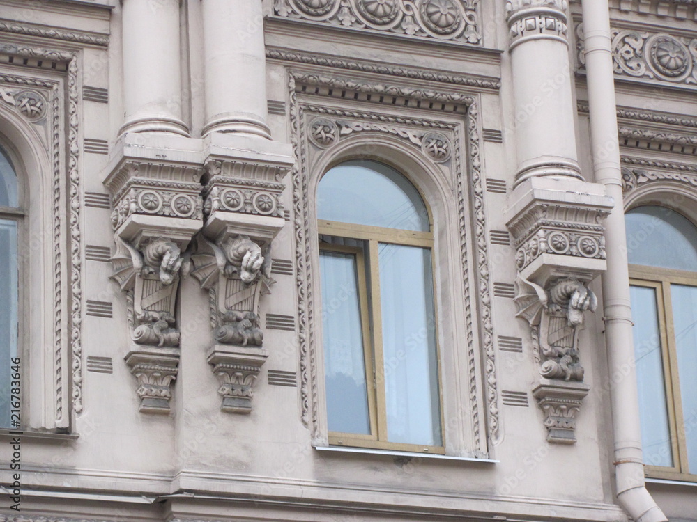 Fragment of the facade of the building with elements of an architectural decor, Russian Art Nouveau, St. Petersburg 
