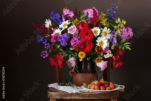 Wallpaper Mural Bouquet of cultivated garden flowers and strawberries. Torontodigital.ca