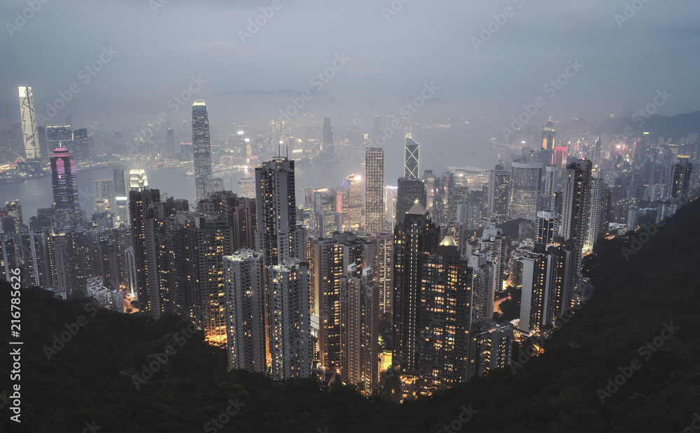 Dark night view of Hong Kong city from Victoria peak