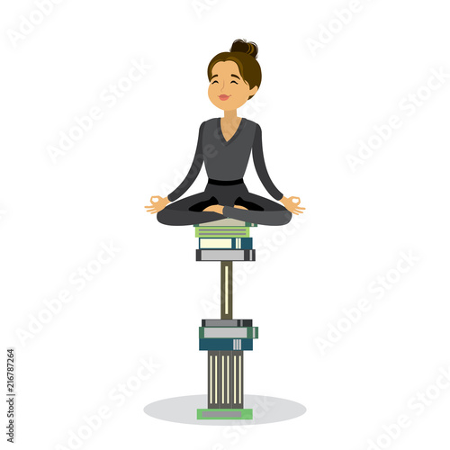 Woman relax in lotus yoga pose sitting on a pile of books