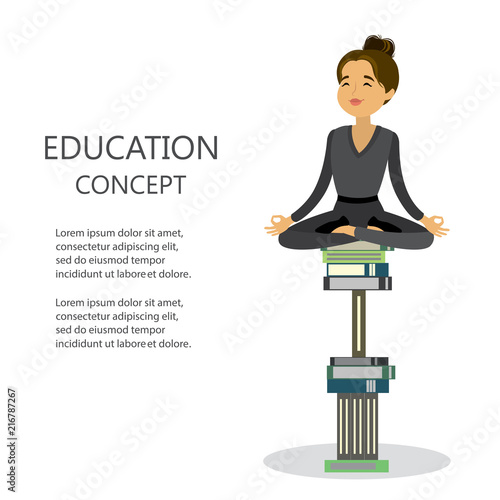 Woman relax in lotus yoga pose sitting on a pile of books