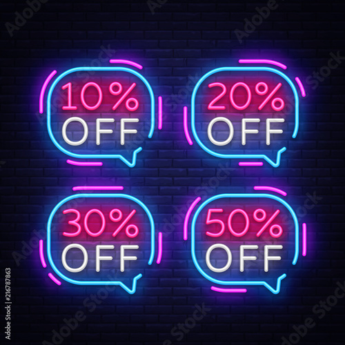 Sale tags Neon Text Vector. Sale tags neon sign, design template, modern trend design, night neon signboard, night bright advertising, light banner, light art. Vector illustration