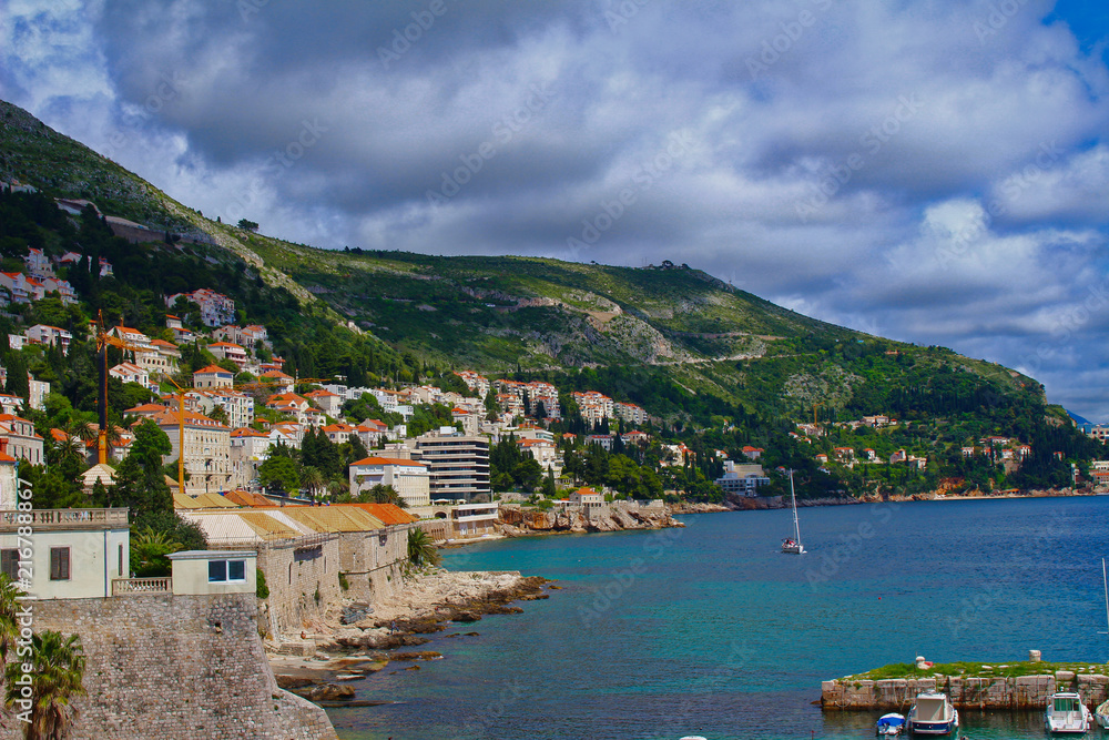 A view from the old town of Dubrovnik towards the mountains, the Mediterranean sea and the city, Dubrovnik, Croatia