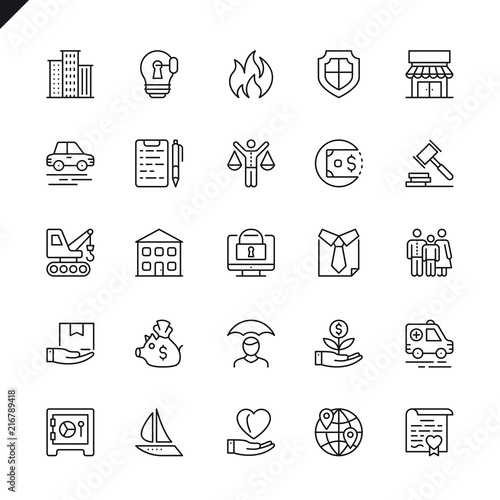 Thin line insurance icons set for website and mobile site and apps. Outline icons design. 48x48 Pixel Perfect. Linear pictogram pack. Vector illustration.