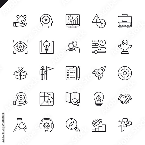 Thin line startup project and development elements icons set for website and mobile site and apps. Outline icons design. 48x48 Pixel Perfect. Linear pictogram pack. Vector illustration.