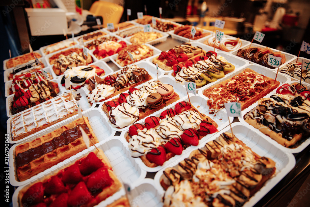 Fototapeta premium Selection Traditional belgian waffles in brussels, top view