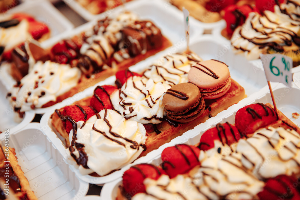 Fototapeta premium Selection Traditional belgian waffles in brussels, top view