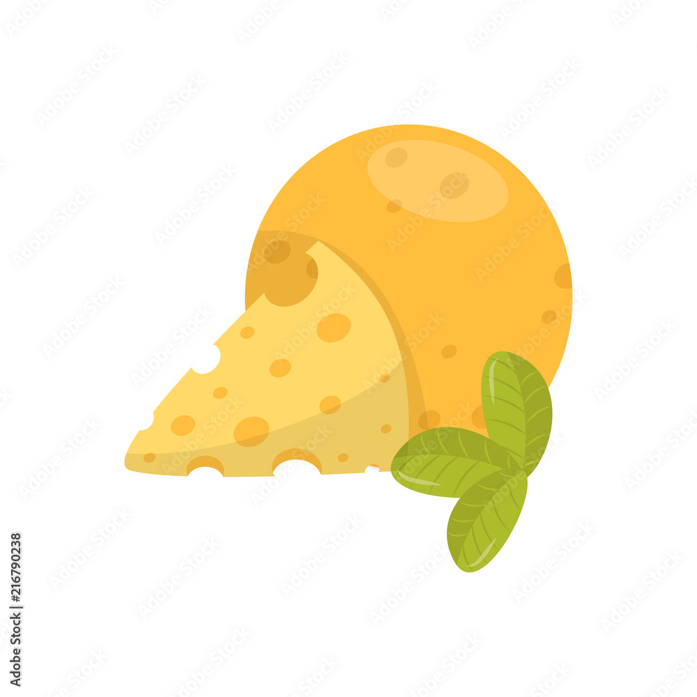 Big cheese ball with triangle slice and green leaves. Food icon. Flat vector element for promo poster or banner Big cheese ball with triangle slice and green leaves. Food icon. Flat vector element for promo poster or banner