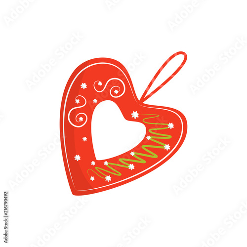 Flat vector icon of bright red licitar heart. Traditional authentic Croatian souvenir. Decorative element for Christmas tree