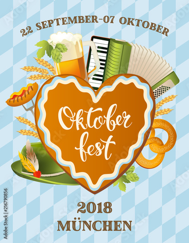 Poster for oktoberfest festival. Beer set with tap, glass, hop branch with leaf, barrel. Vintage vector color engraving illustration isolated on blue background
