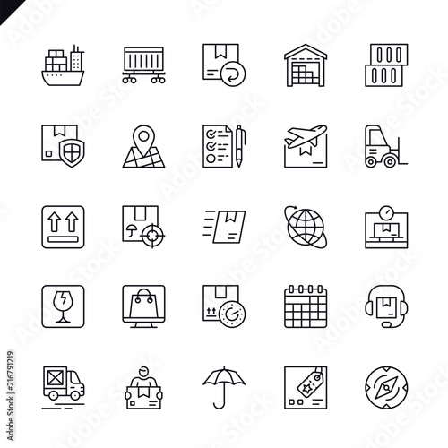 Thin line logistics, delivery, transportation icons set for website and mobile site and apps. Outline icons design. 48x48 Pixel Perfect. Linear pictogram pack. Vector illustration.