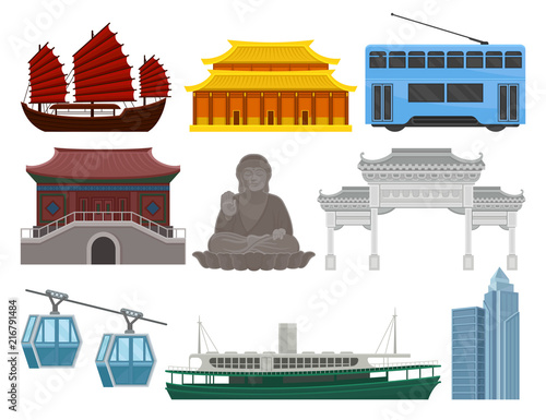 Flat vector set of Hong Kong travel elements. Traditional and modern Chinese building, statue of Big Buddha, popular transport