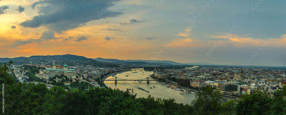 Panorama of Budapest city from Gellert hill. View of Budapest, Hungary at dusk.