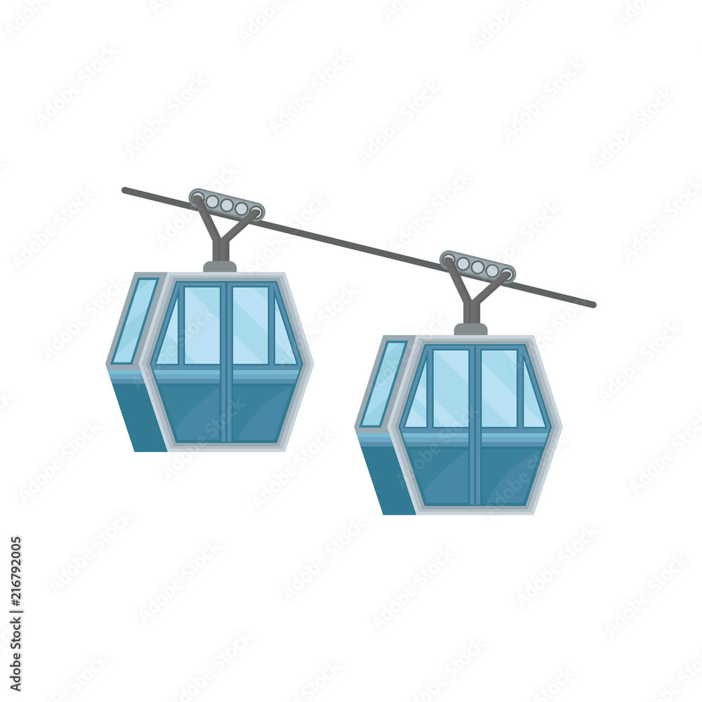 Two blue cabins on ropeway. Modern cable transport in Hong Kong. Public cableway. Flat vector for travel poster or mobile app