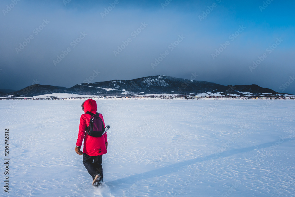 Woman Walking Lonely on a Frozen Lake during Cold Winter Day