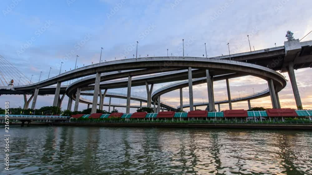 Day to night time lapse of Beautiful Big Bhumibol Bridge in sunset time / Big Suspension bridge in Sunset time Day to night time lapse of Beautiful Big Bhumibol Bridge in sunset time / Big Suspension bridge in Sunset time