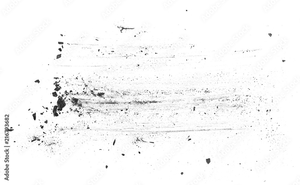 Black powder explosion, charcoal dust texture isolated on white background