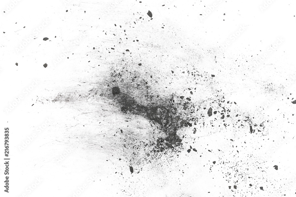 Black powder explosion, charcoal dust texture isolated on white background Black powder explosion, charcoal dust texture isolated on white background