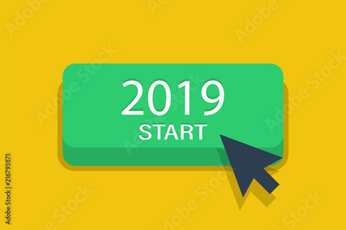 Start 2019 year button with arrow. 2019 year pig. Concept of new year