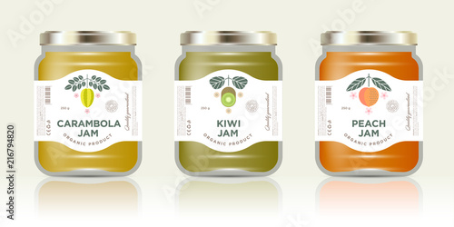 Three jars with labels fruit jam. Three jars mockup. Carambola or star fruit, kiwi, peach jam packaging. Premium design. The flat original illustrations on the minimalist labels.
